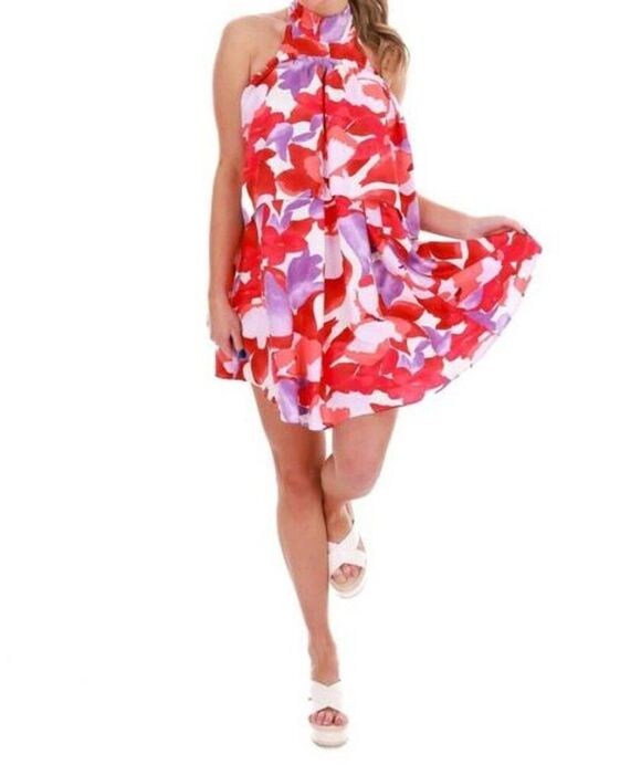 entro Dresses & Skirts - Entro Red Purple Abstract Floral Halter Mini Layered Flared Dress Size L Beach